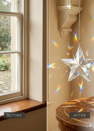 Swarovski star-shaped crystal ornament in a room with a window.