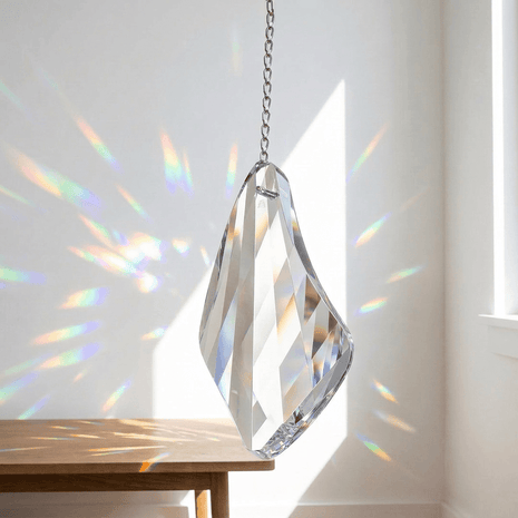 Swarovski Crystal hanging decoration with rainbow on a white wall