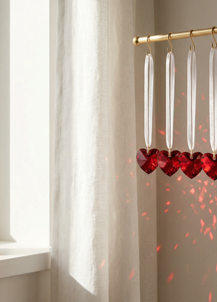 Red heart-shaped earrings hanging from a gold earring stand with a neutral background.