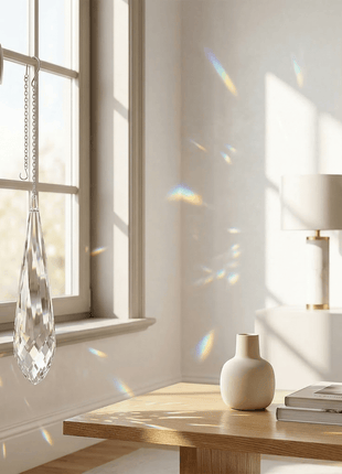Modern interior with a crystal hanging ornament, lamp, and books on a wooden table.