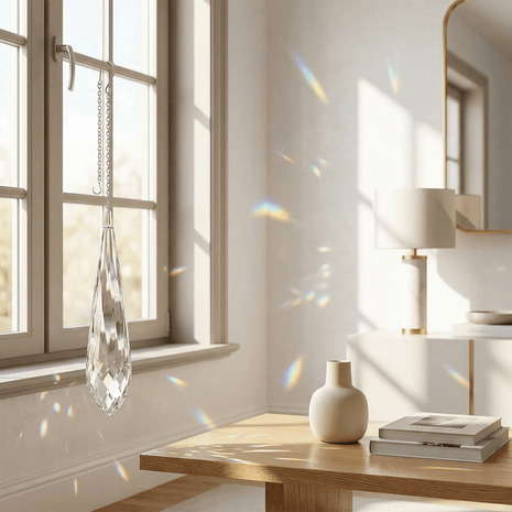 Modern interior with a crystal hanging ornament, lamp, and books on a wooden table.