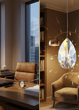 Modern office interior with a desk, chair, and decorative crystal hanging from the ceiling.