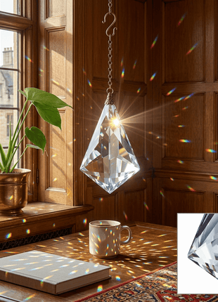 Crystal chandelier hanging in a room with wooden walls, a window, and a plant.