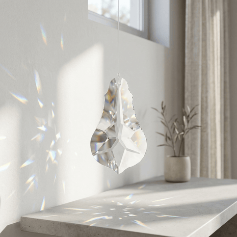 Crystal decoration on a shelf with sunlight filtering through a window