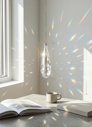 Crystal pendant light hanging above a table with books and a mug,