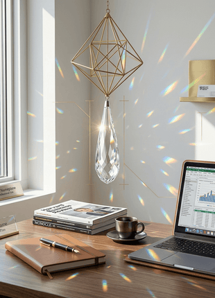 Modern office desk with laptop, books, and decor elements.
