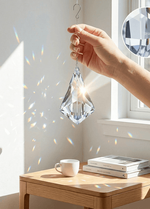Clear crystal hanging from a hook, casting rainbow colors on a wall with a window in the background.