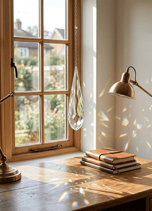 Desk with lamp, books, and a crystal hanging decoration in a sunlit room.