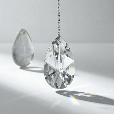 Swarovski crystal hanging on a chain against a neutral background