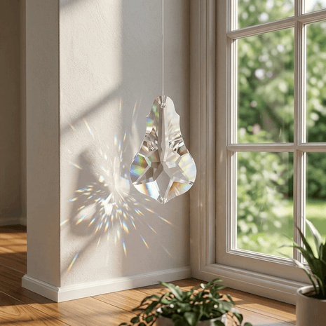 Crystal decoration hanging by a window with sunlight casting a rainbow effect