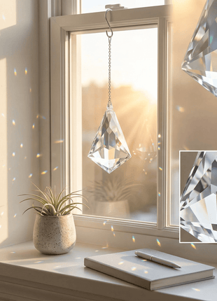 Crystal hanging decoration on a window sill with a close-up inset