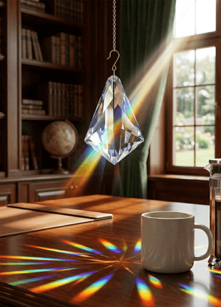 Sunlight streaming through a window with a crystal prism, casting rainbow patterns on a desk with a mug and French press.
