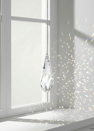 Swarovski Crystal hanging in front of a window with rainbow