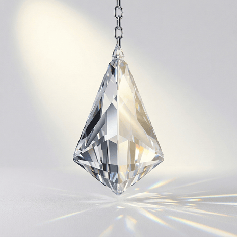 Clear crystal pendant hanging against a light gray background