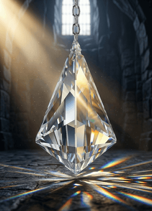 Large diamond pendant hanging in a stone archway with sunlight filtering through.