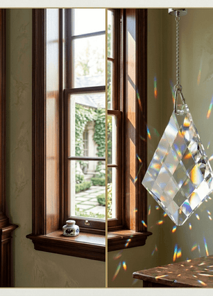 Crystal prism hanging in front of a window with rainbow