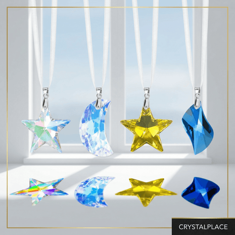 Colorful crystal pendants hanging in front of a window with 'CrystalPlace' branding.