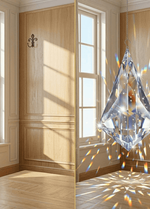 Crystal chandelier casting rainbow patterns in a room with wooden walls and large windows.