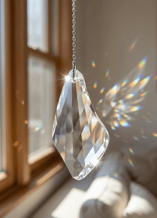 Crystal hanging Swarovski ornament with rainbow in front of a window