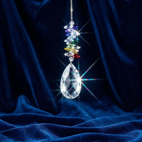 Swarovski Crystal rainbow maker hanging against a dark blue curtain