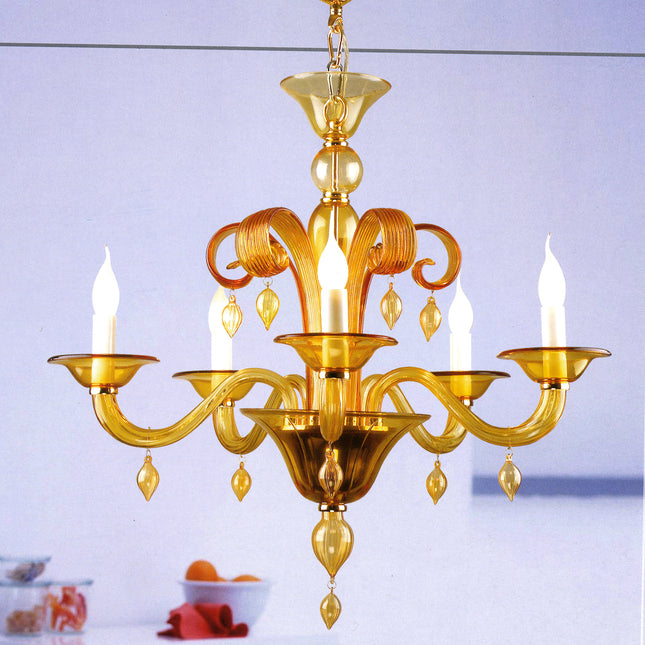 Murano Style W:30" x H:34" Amber Hand Blown Glass 6 Lights-CrystalPlace